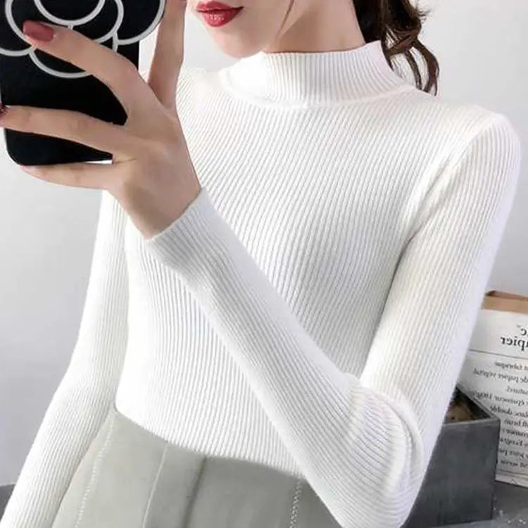 Autumn Winter Mock Neck Women Sweater Vintage Basic Solid Knitted Tops Casual Slim Pullover Korean Sweaters Simple Chic Jumpers Quick Pick Grocers