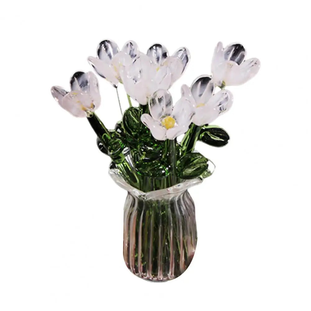 Glass Flower Decor Handcrafted Floral Sculpture Hand-blown Glass Flower Bouquet with Vase Mini Floral Decoration for Home Room Quick Pick Grocers