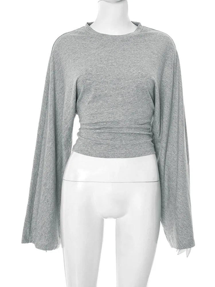 Women's Long Sleeve O-Neck Skinny T-Shirt Monochromatic Crop Top Casual Y2K Streetwear Fashion Pullover Summer Outfit Quick Pick Grocers