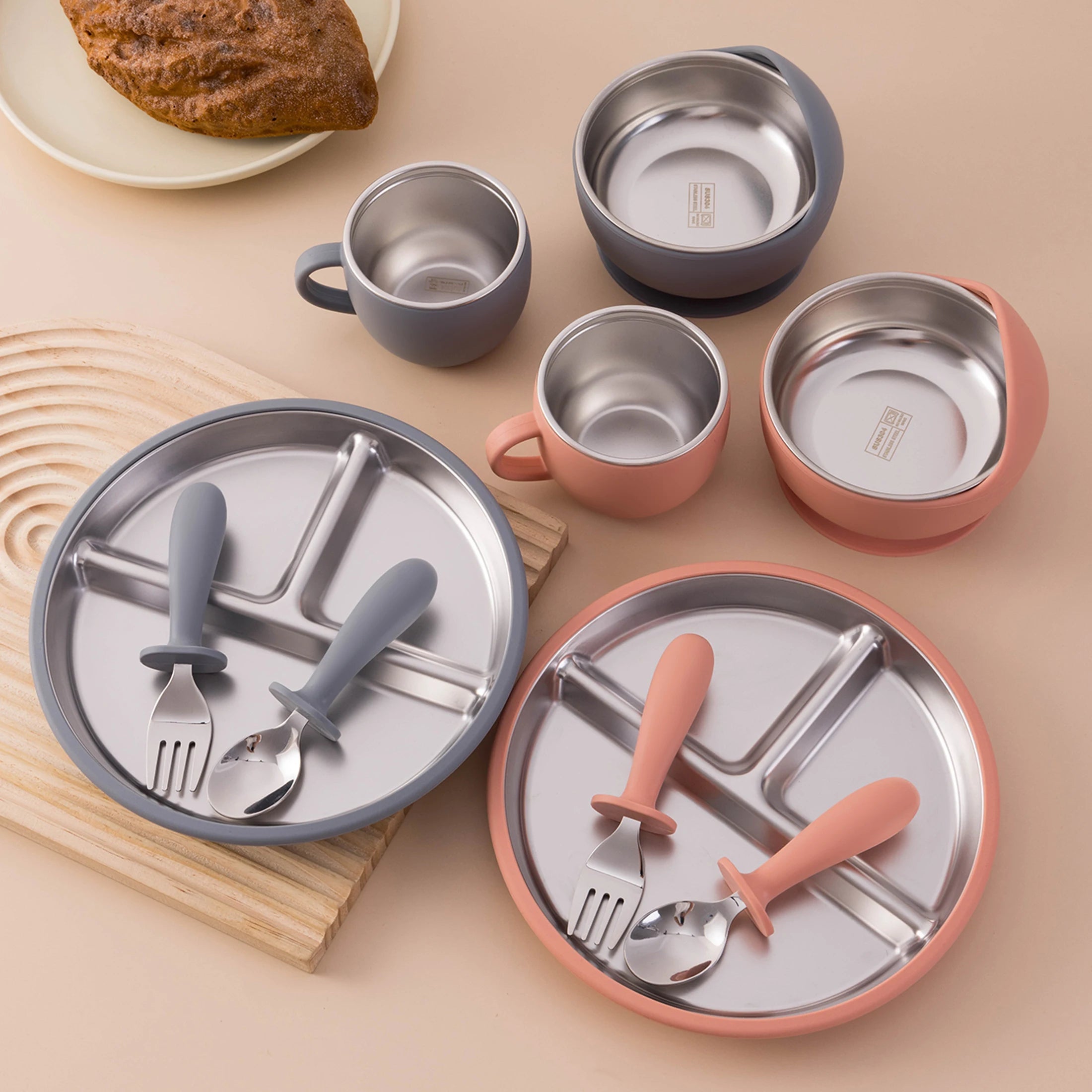 5PCS Stainless Steel Dishes Plate Baby Feeding Set With Detachable Silicone Sucker Bowl BPA Free Infant Fork Spoon Cup Gifts Purest Peak