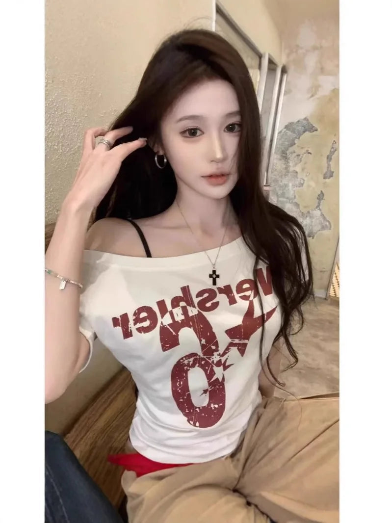 Y2k Sport Summer Off shoulder Top Women Sexy Vintage 2000s Short sleeve T shirt Lady Body Basic Crop Top Female Casual Quick Pick Grocers