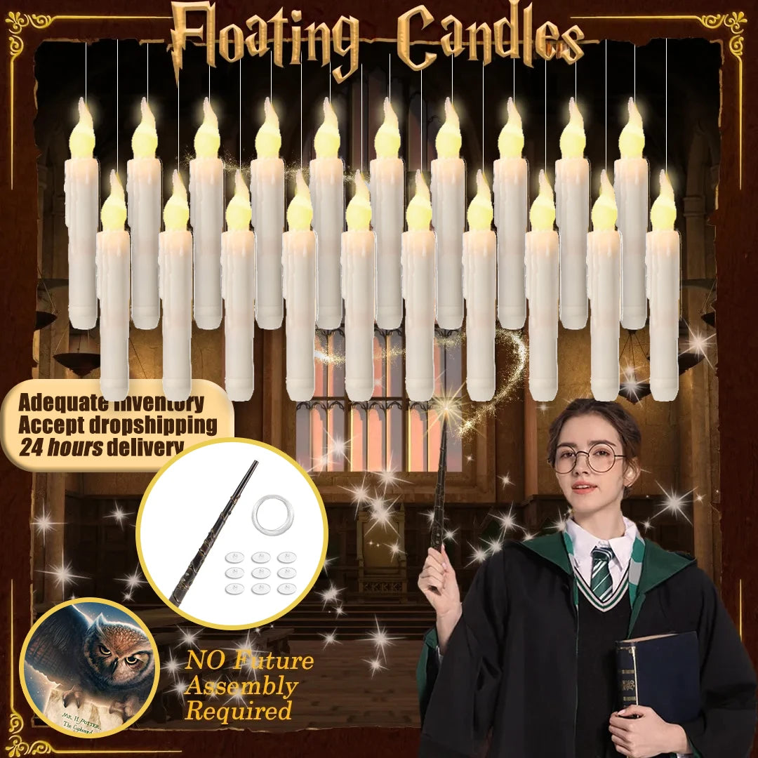 Halloween LED Floating Candles Magic Wand Remote Hanging Operated Potter Harries Battery Floating Candles Warm Light Decoration Quick Pick Grocers