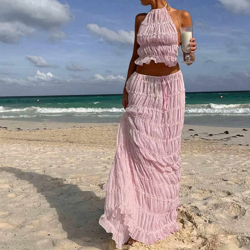Women Boho Sexy Backless Matching Suit 2 Piece Beach Holiday Outfits Vintage Ruched Halter Cami Tops + Maxi Long Skirt Party Quick Pick Grocers