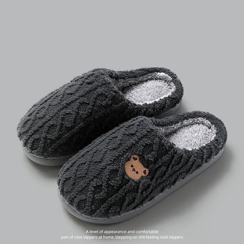 Winter Fluffy Shoes Women Cotton Slippers Cartoon Bear Thick Sole Warm Slides Men Female Couple House Indoor Plush Flat Shoes Purest Peak