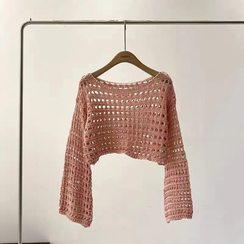 Long Sleeve Crochet Knit Top Summer Beach Bikini Cover Up Crop Pullover Wool Knitwear Blouse Women Vacation Boho Outfit Quick Pick Grocers