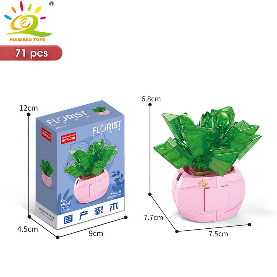 HUIQIBAO MOC Flower Succulent Potted Model Building Block DIY Eternal Bouquet Home Desk Plant Decor Brick Girl Gift Children Toy Quick Pick Grocers