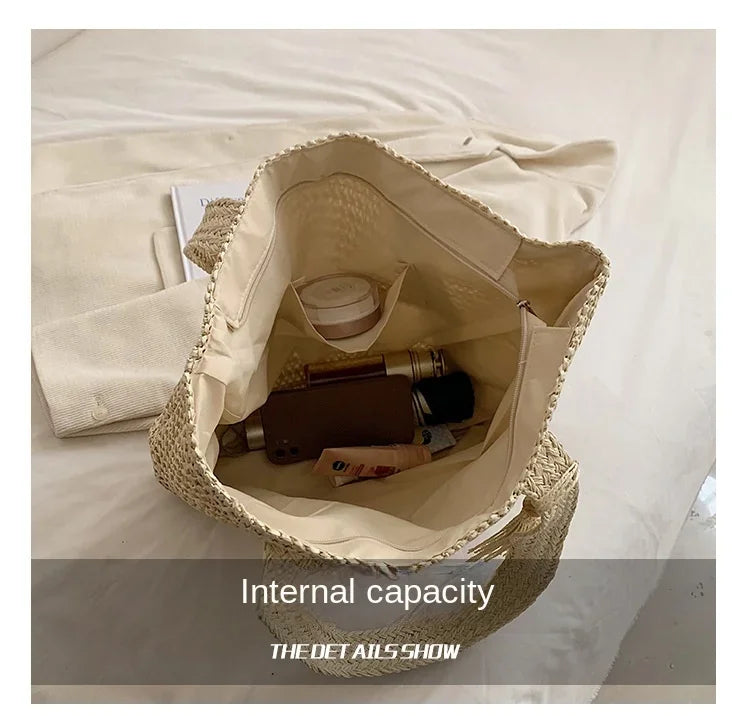 Elegant Ladies Straw Woven Handbag Women Holiday Beach Commute Casual Tote Top-Handle Bags Fashion Retro Shoulder Bags 2024 Quick Pick Grocers