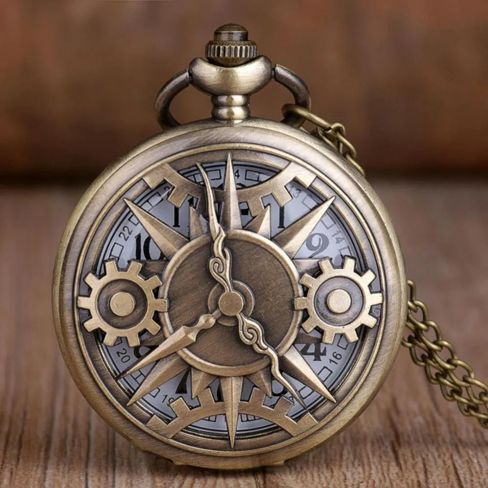 Exquisite Retro Bronze Steampunk Hollow Gear Design Quartz Pocket Watch with Necklace Chain Leisure Pendant Gift Men's Clock Quick Pick Grocers