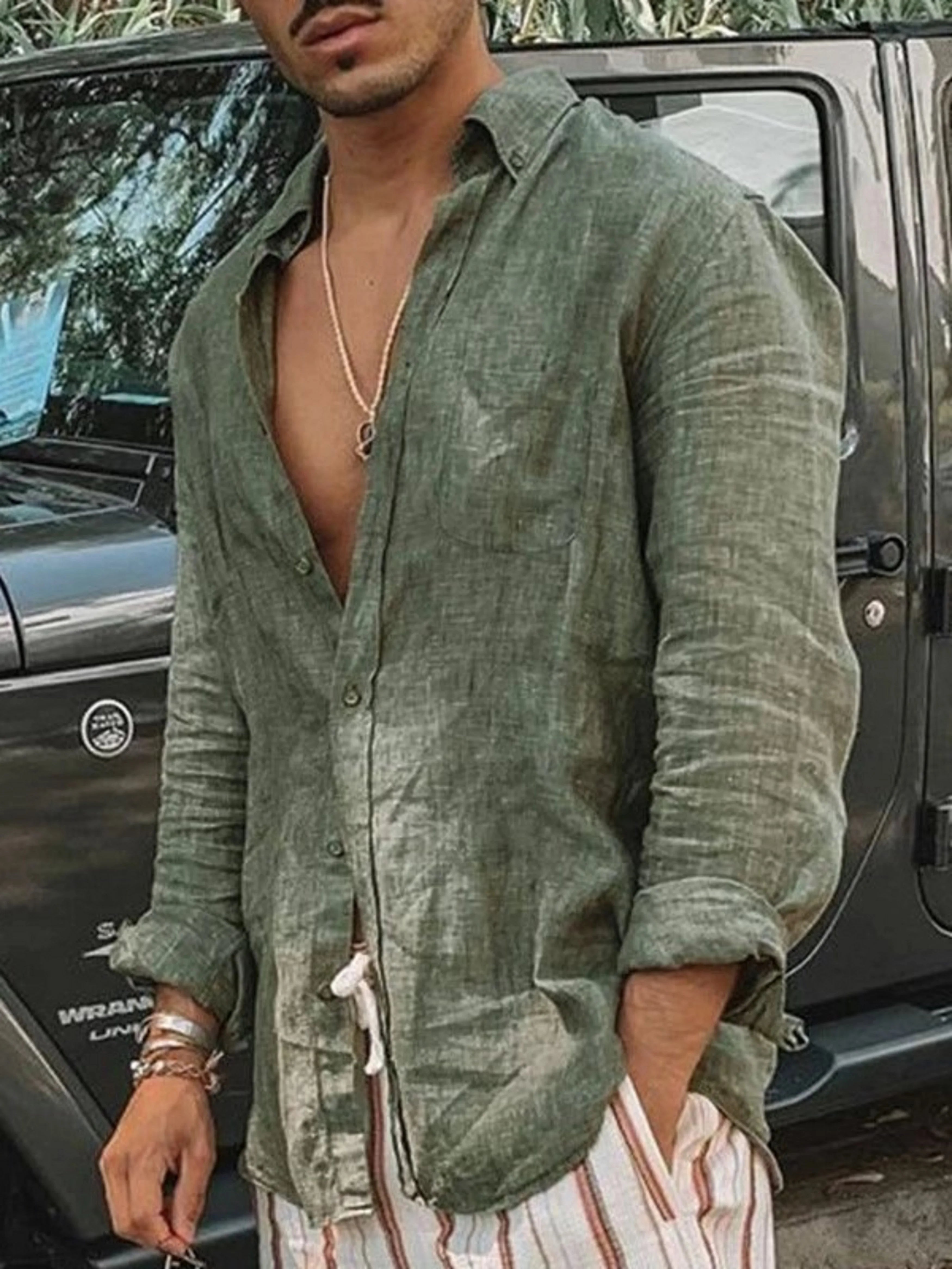Men's casual fashion solid color thin long-sleeved shirt, lapel cardigan, suitable for outdoor activities Quick Pick Grocers