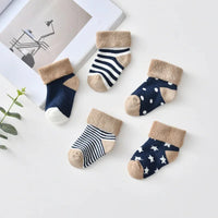 5 Pairs Autumn Winter Warm Strip Baby Sock Cute Cartoon Dot Thick Infant Floor Sock Soft Star Pattern Newborn Toddler Sock Purest Peak