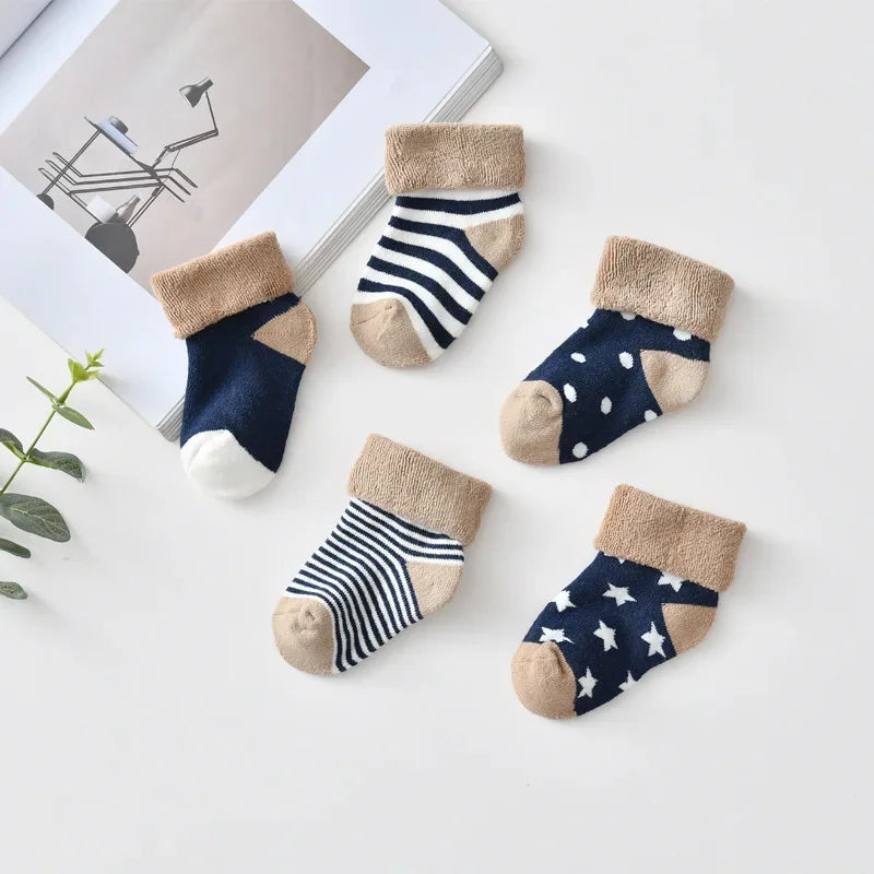 5 Pairs Autumn Winter Warm Strip Baby Sock Cute Cartoon Dot Thick Infant Floor Sock Soft Star Pattern Newborn Toddler Sock Purest Peak