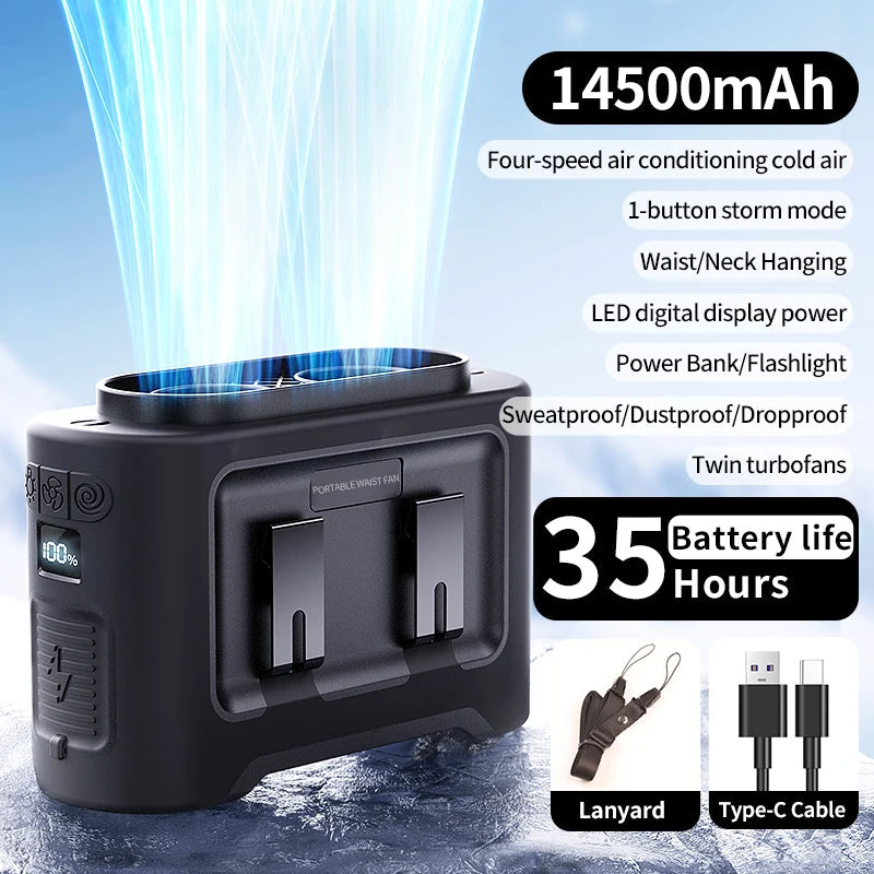 Socoolfan 14500mAh Outdoor Fan Portable Waist Hanging Neck Strong Dual Air Vents Fans for Travel Sports Courier Outdoor Working Quick Pick Grocers