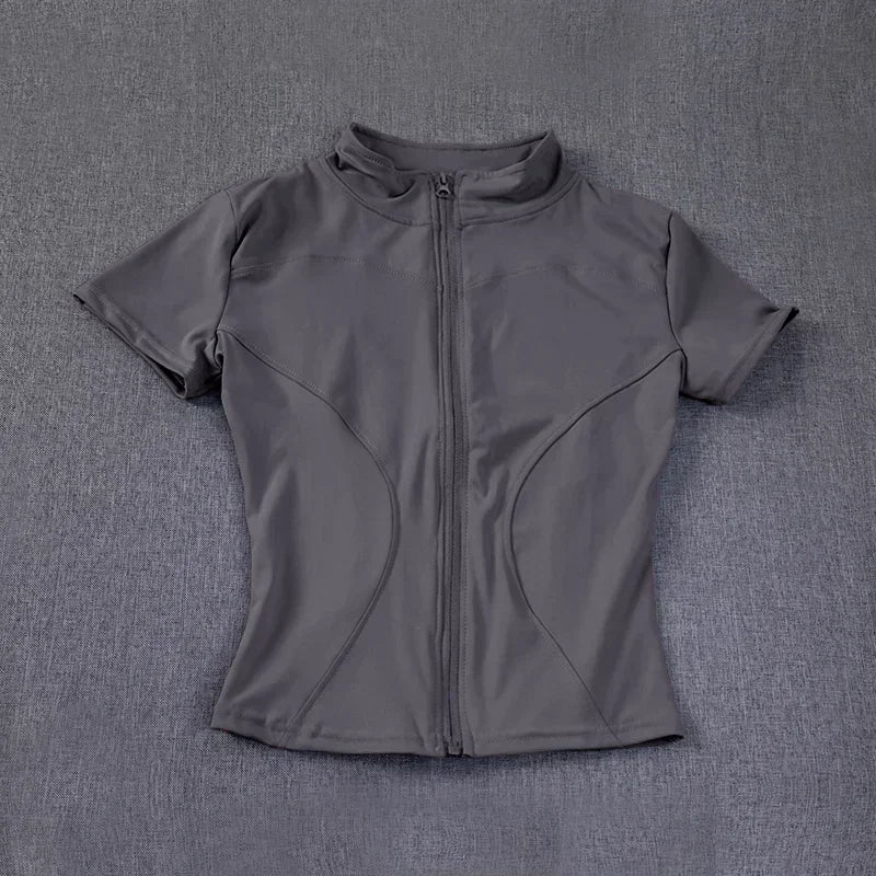 Summer High Quality Waist Slimming Training Tops Women's Quick-drying Tight Stand Collar Full Zipper Short Sleeves Yoga shirts Quick Pick Grocers