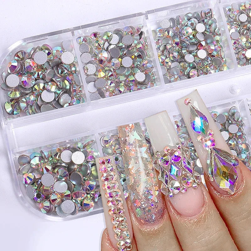 2400pcs+ Shiny Clear Crystal Gems Nail Rhinestones 1.5-4mm Mixed Round Glass Stone Flatback Nail Charms 12grids Nail Diamond DIY Econic Blanks
