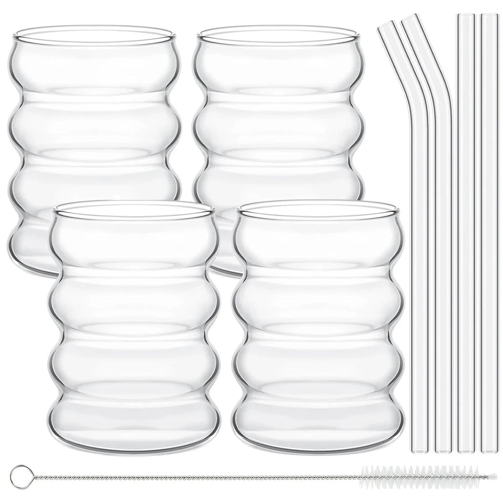Leeseph 4Pcs Creative Glass Cups Coffee Mug Vintage Drinking Glasses Ribbed Glassware Aesthetic Cups with Straws Set Quick Pick Grocers