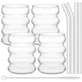 Leeseph 4Pcs Creative Glass Cups Coffee Mug Vintage Drinking Glasses Ribbed Glassware Aesthetic Cups with Straws Set Quick Pick Grocers