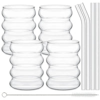 Leeseph 4Pcs Creative Glass Cups Coffee Mug Vintage Drinking Glasses Ribbed Glassware Aesthetic Cups with Straws Set Quick Pick Grocers