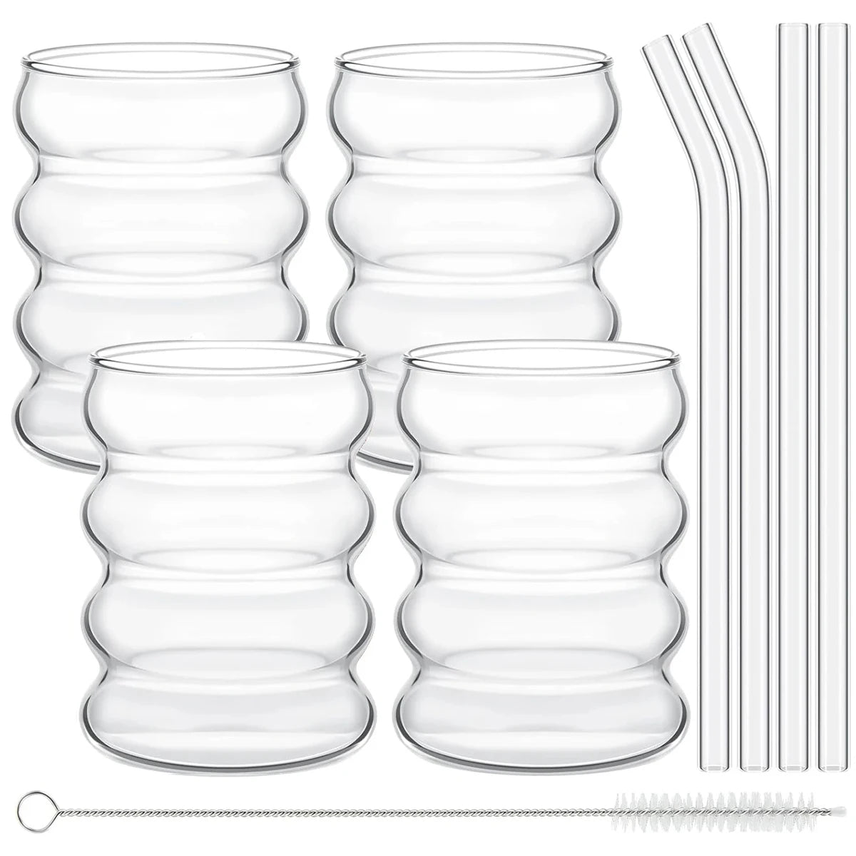 Leeseph 4Pcs Creative Glass Cups Coffee Mug Vintage Drinking Glasses Ribbed Glassware Aesthetic Cups with Straws Set Quick Pick Grocers