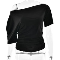 Off Shoulder Ruched Crop Top Women Basics Solid Color Skew Collar Short Sleeve T-shirts Summer Casual Streetwear Tees Quick Pick Grocers
