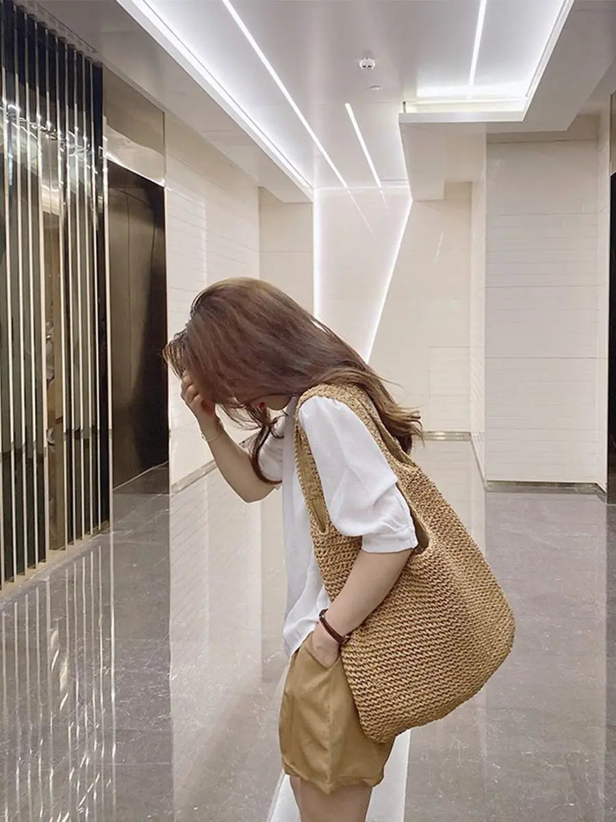 French Style Large Capacity Woven Straw Woven Bag for Women New Beach Vacation Shoulder Bag Casual Commuting Tote Bag Purse Quick Pick Grocers