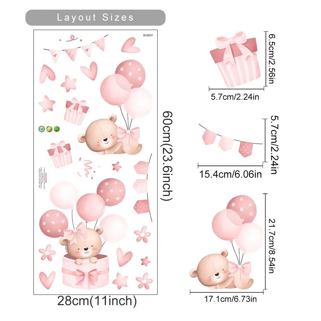 Pink Cartoon Bear Balloon Wall Stickers for Kids Room Decoration Baby Girls Baby Boys Room Wall Decals Kindergarten Nursery Room Quick Pick Grocers