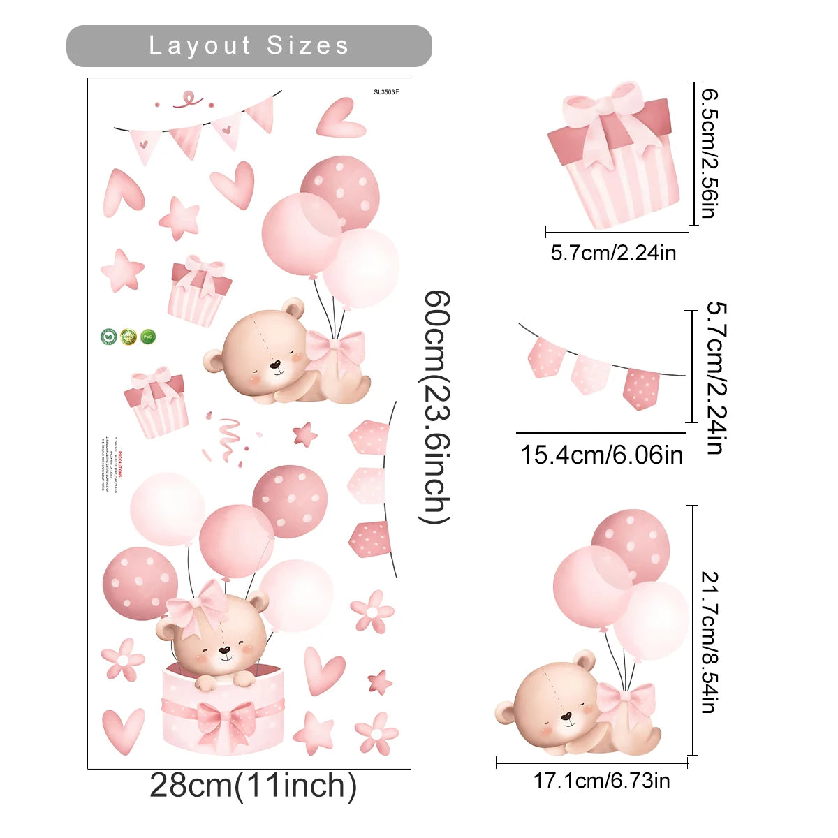 Pink Cartoon Bear Balloon Wall Stickers for Kids Room Decoration Baby Girls Baby Boys Room Wall Decals Kindergarten Nursery Room Quick Pick Grocers