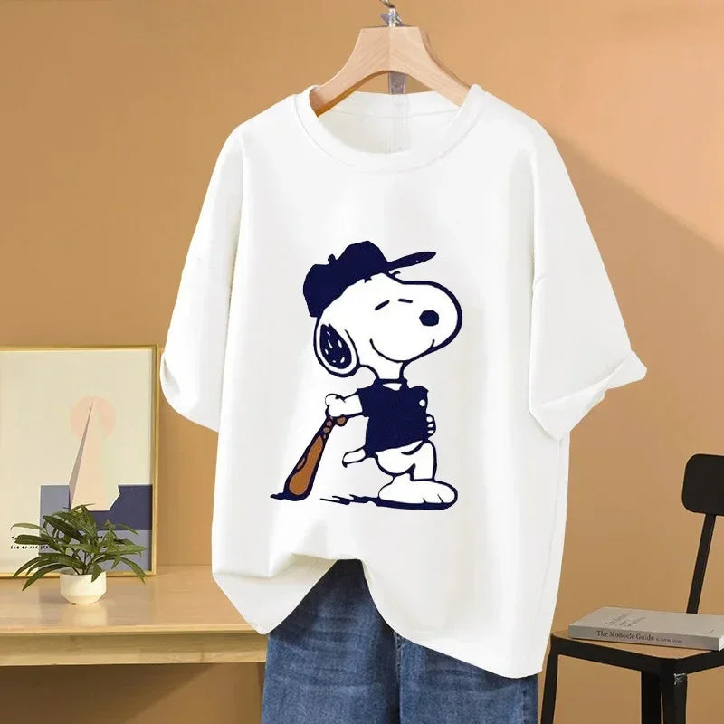 Snoopy Baseball Cartoon Anime Women T-shirt Summer Short Sleeve 100% Cotton Men Tee Shirts Tops 2025 New Fashion Couple Clothes Quick Pick Grocers