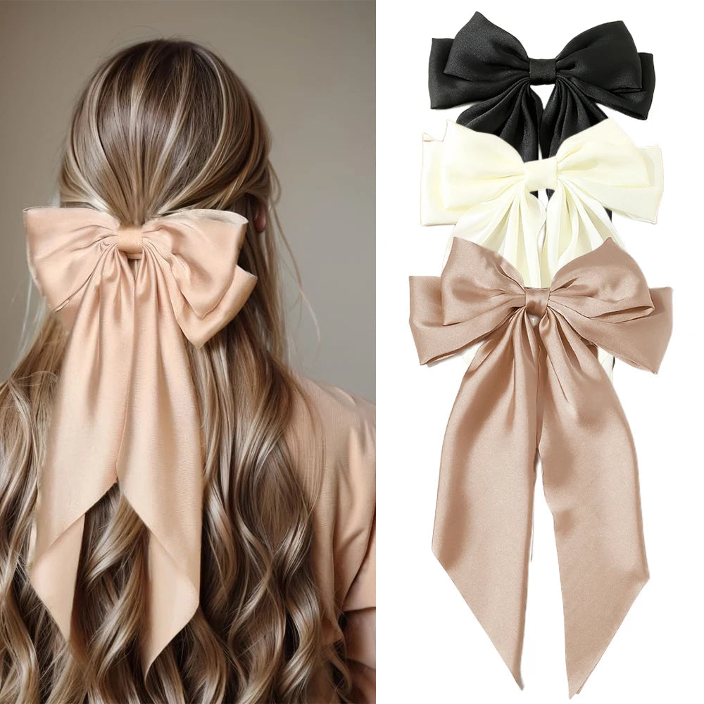 Korean Accessories Hair Clips for Women Girls Big Bowknot Solid Satin Long Ribbon Bows Spring Clamp Barette Cheveux Femme 2023 Quick Pick Grocers