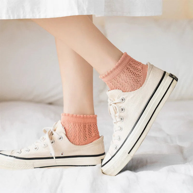 Fashionable Summer Soft Short Socks for Women Thin Mesh Sock Breathable Feature Sweet Hollow Out Design White Lace Ankle Socks Quick Pick Grocers