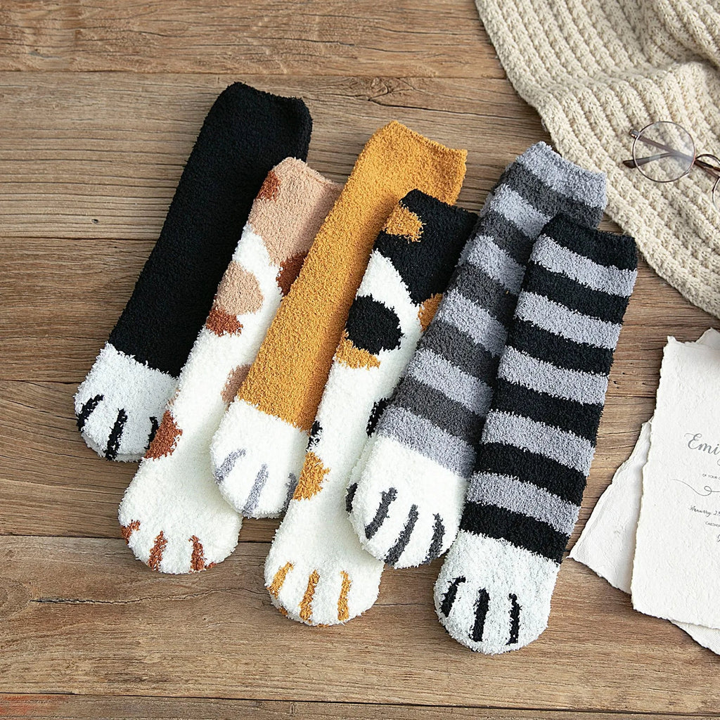 Women Winter Warm Fluffy Socks Cute Animal Claw Cat Paw Footprint Fuzzy Socks Female Thick Coral Fleece Home Floor Sleep Socks Purest Peak