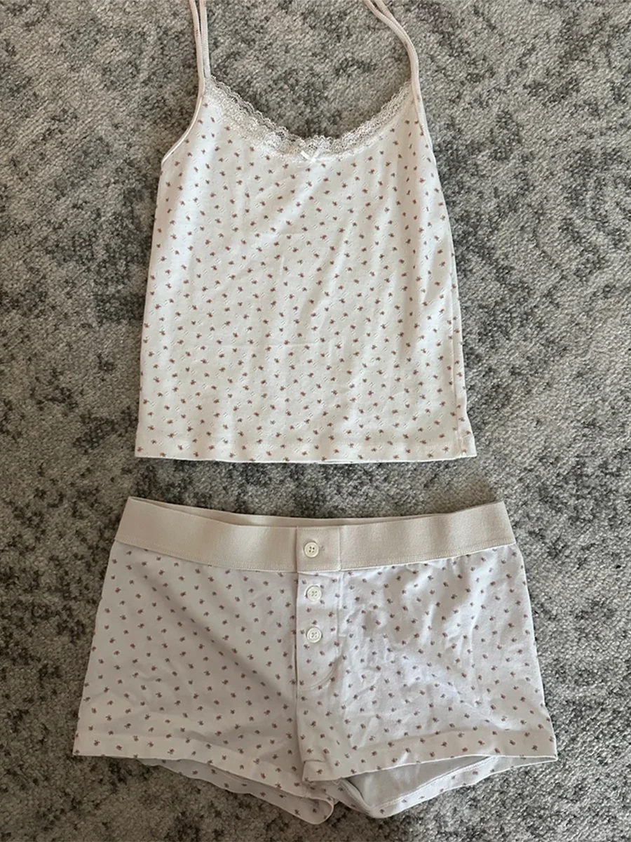 Strawberry Vest Shorts 2 Pieces Set Woman Eyelet Bow Slim Tank Top with Elastic Waist Patchwork Straight Short Pant Sweet Sets Quick Pick Grocers
