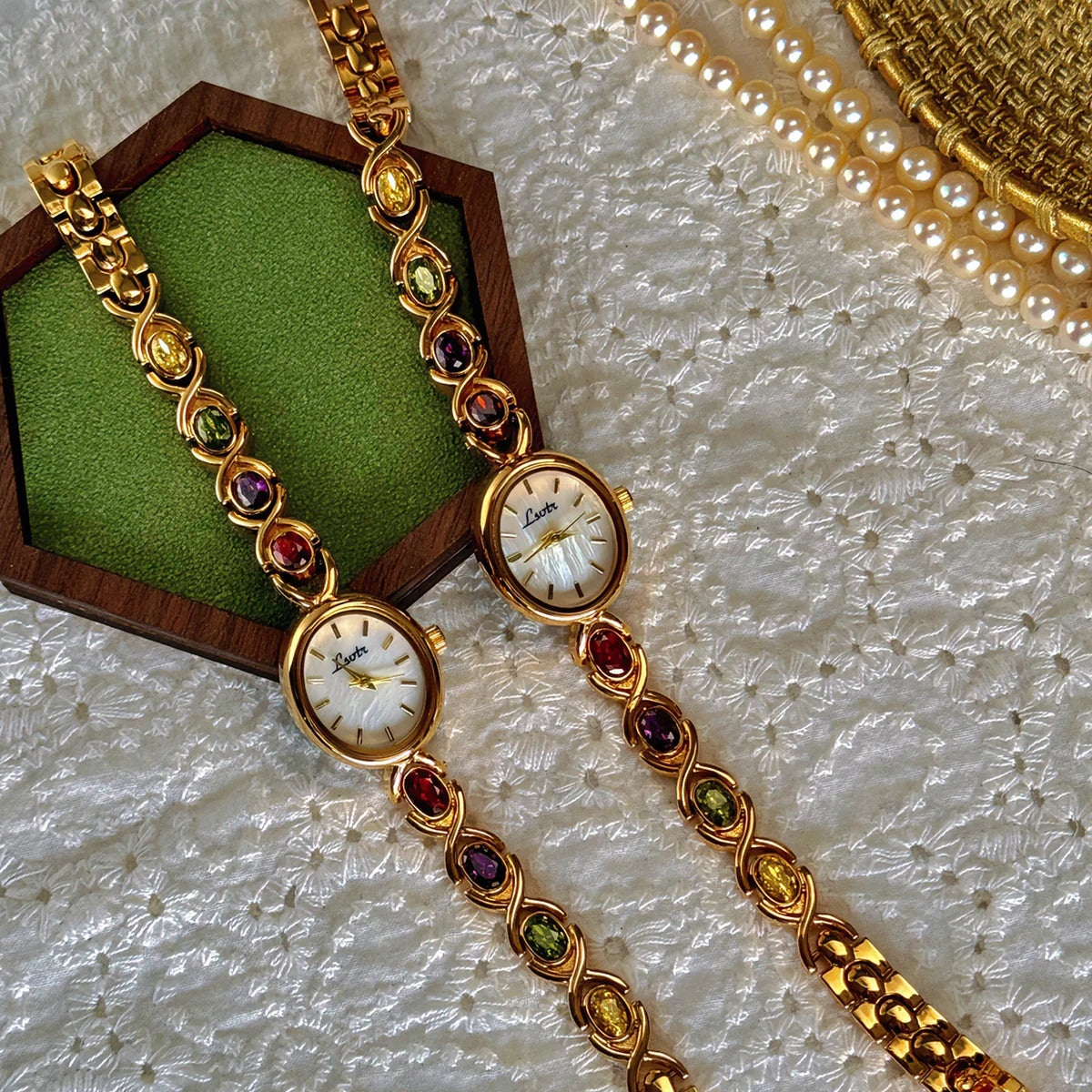 1pc New High-End Luxury Women's Watch Embedded With Colorful Tourmalines, Diamonds And An Oval Shaped Mother Of Pearl Dial. Quick Pick Grocers