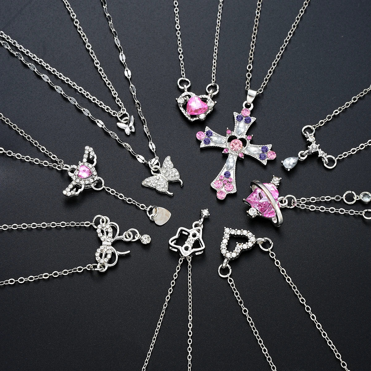 9 Pcs Women's Elegant Zircon Pendants Necklace Set Fashion Pink Color Cross Butterfly Heart Bowknot Necklaces Party Jewelry Gift Quick Pick Grocers