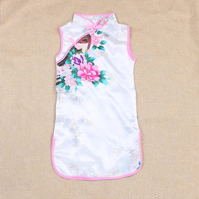 Cheongsam Dress Baby Girl Qipao Summer Clothes Peacock Sleeveless Slim Traditional Dress Child Girls Clothes Chinese Style Quick Pick Grocers