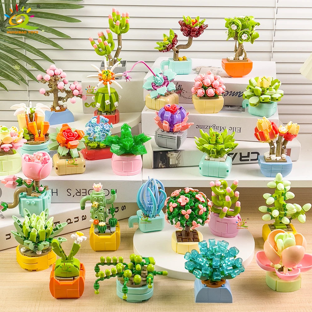 HUIQIBAO MOC Flower Succulent Potted Model Building Block DIY Eternal Bouquet Home Desk Plant Decor Brick Girl Gift Children Toy Quick Pick Grocers