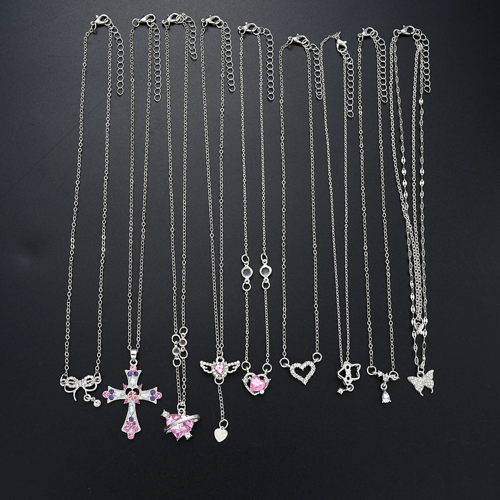9 Pcs Women's Elegant Zircon Pendants Necklace Set Fashion Pink Color Cross Butterfly Heart Bowknot Necklaces Party Jewelry Gift Quick Pick Grocers