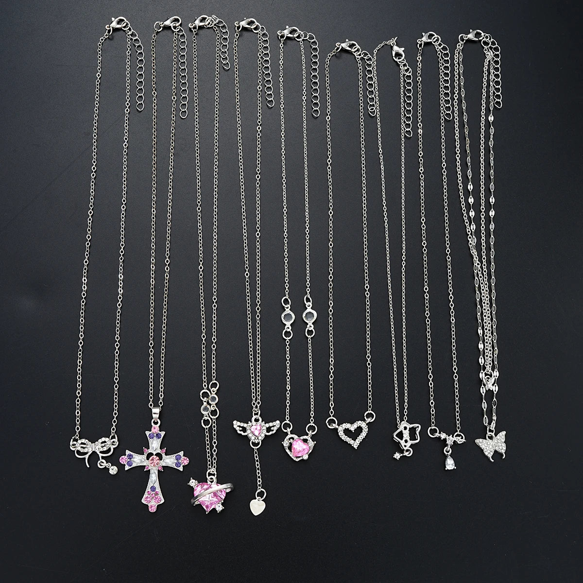 9 Pcs Women's Elegant Zircon Pendants Necklace Set Fashion Pink Color Cross Butterfly Heart Bowknot Necklaces Party Jewelry Gift Quick Pick Grocers