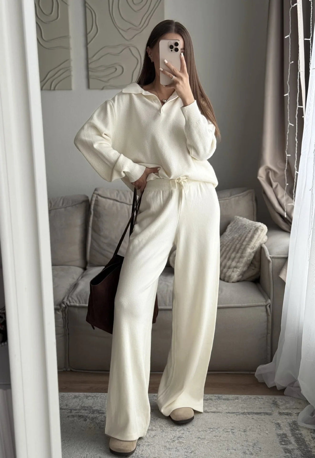 Hirsionsan Winter Thick Women Knitted Suits Soft 2 Pieces soft Female Sets Polo Neck Sweater & Wide Leg Pants Knitted Outfit Quick Pick Grocers