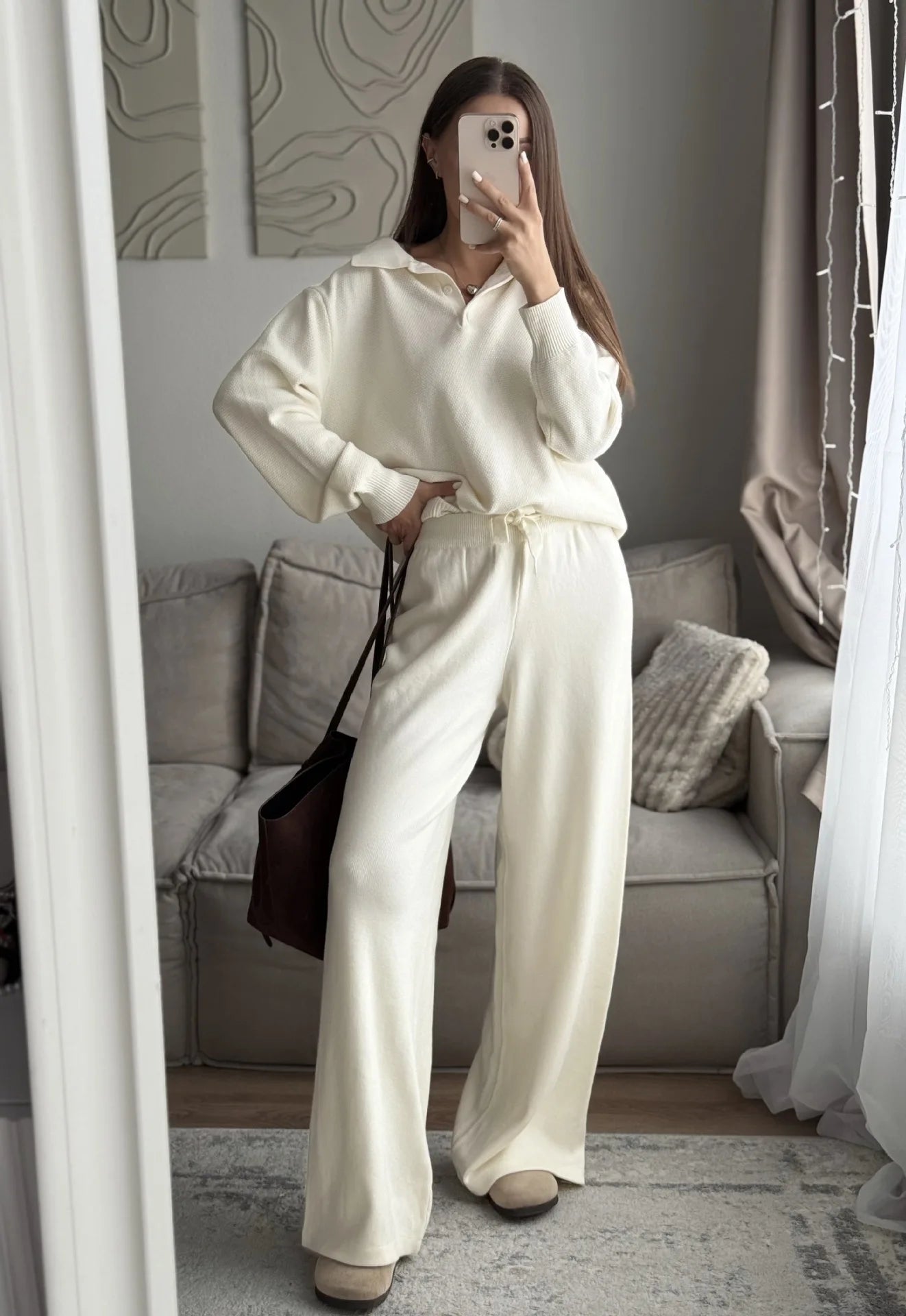 Hirsionsan Winter Thick Women Knitted Suits Soft 2 Pieces soft Female Sets Polo Neck Sweater & Wide Leg Pants Knitted Outfit Quick Pick Grocers
