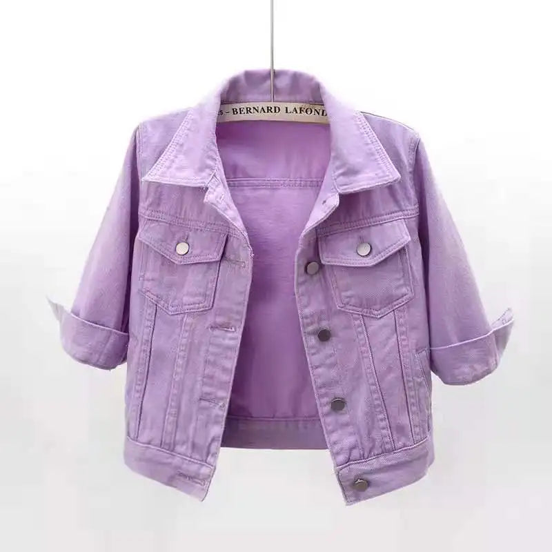 Women Denim Jacket Spring Autumn Short Coat Pink Jean Jackets Casual Tops Purple Yellow Purple Blue Loose Tops Lady Outerwear Quick Pick Grocers