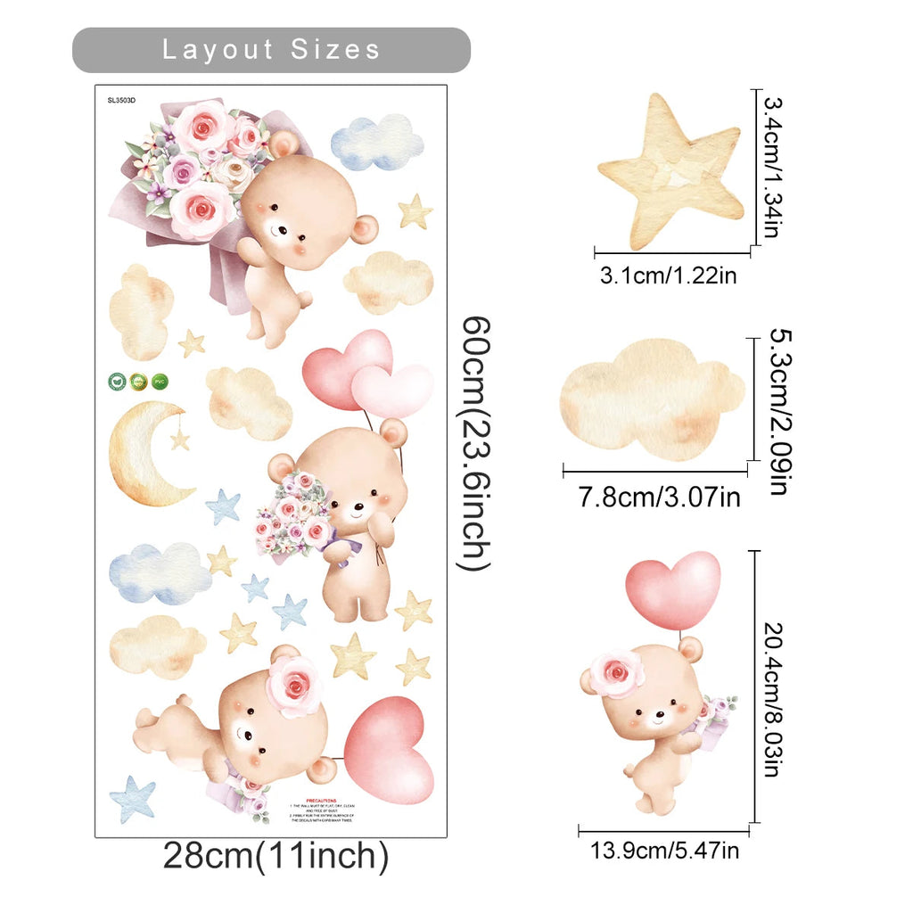 Pink Cartoon Bear Balloon Wall Stickers for Kids Room Decoration Baby Girls Baby Boys Room Wall Decals Kindergarten Nursery Room Quick Pick Grocers