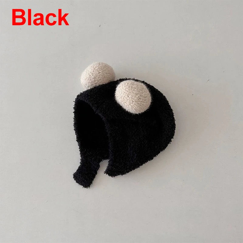 Cute Winter Warm Kids Girl Boys Baby Hats Fleece Wool Hemming Caps with Ball Solid Wool Ear Protection Hats Soft Newborn Bonnet Purest Peak