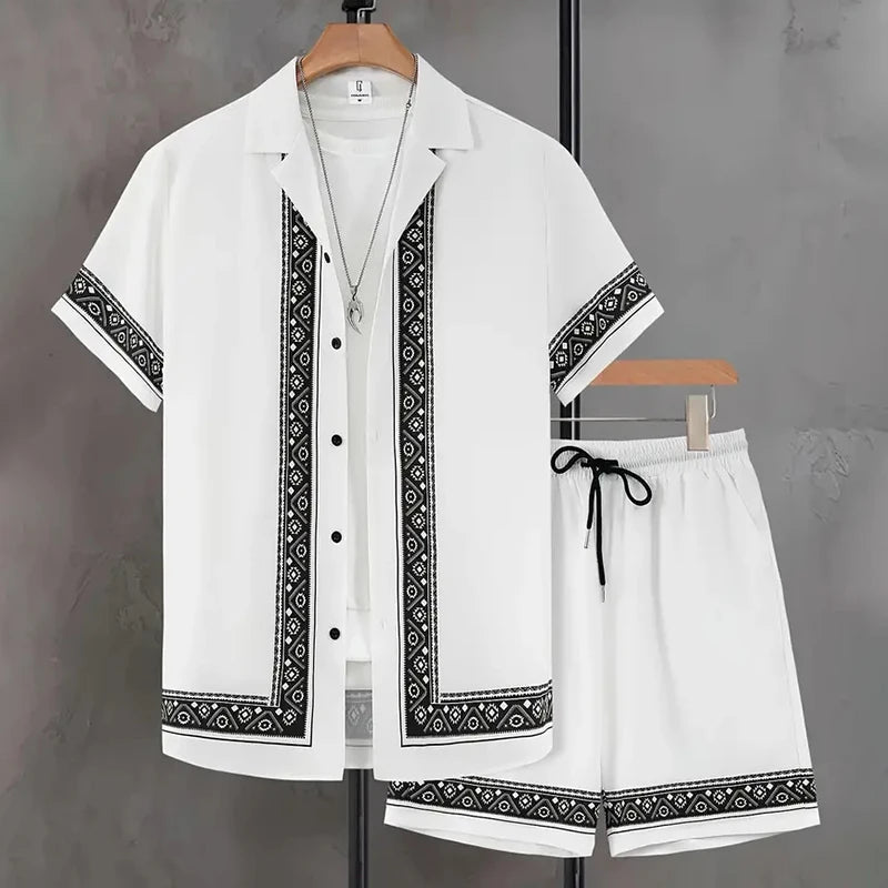 2024 New Men's Summer Holiday Suit Retro Textured Printed Border Shirt Short Sleeve Shorts Two Piece Men's Breathable Pool Suit Quick Pick Grocers