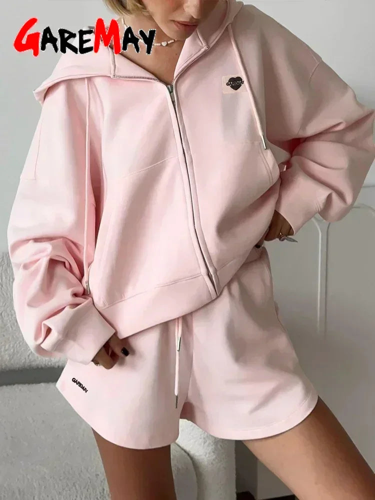 Spring Women's Summer Suit with Shorts Cotton Oversize Pink  Top and Shorts Set Two-piece Casual Tracksuit with Shorts for Women Quick Pick Grocers