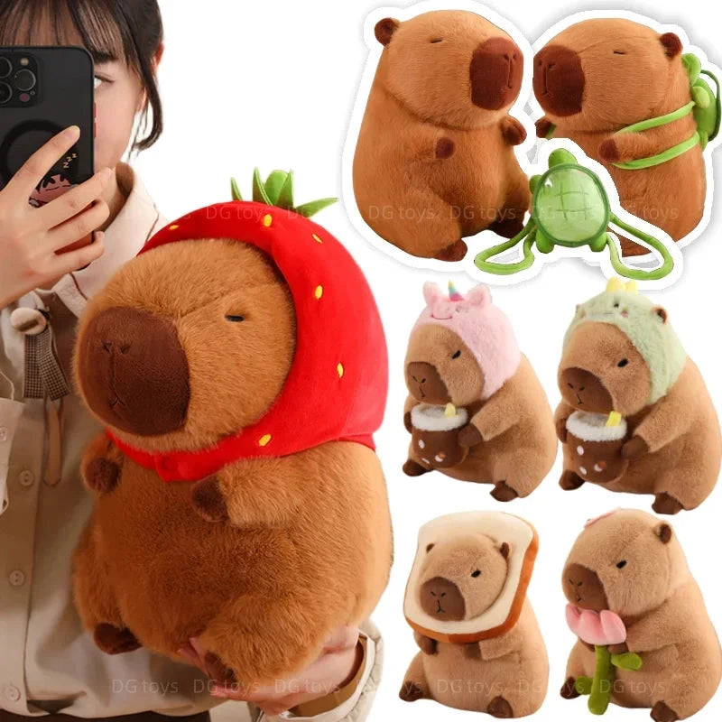 Strawberry Hat Capybara Plush Toy Simulation Turtle Backpack Capibara Stuffed Animals Papa Hand Circle Ring Small size Pendant Econic Blanks