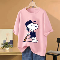 Snoopy Baseball Cartoon Anime Women T-shirt Summer Short Sleeve 100% Cotton Men Tee Shirts Tops 2025 New Fashion Couple Clothes Quick Pick Grocers