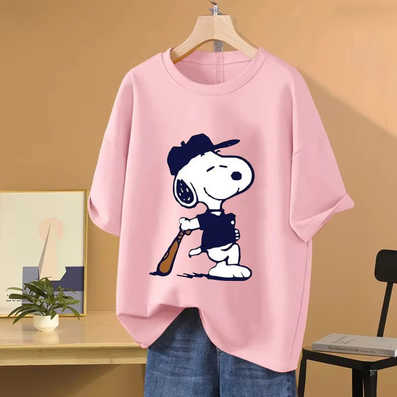 Snoopy Baseball Cartoon Anime Women T-shirt Summer Short Sleeve 100% Cotton Men Tee Shirts Tops 2025 New Fashion Couple Clothes Quick Pick Grocers