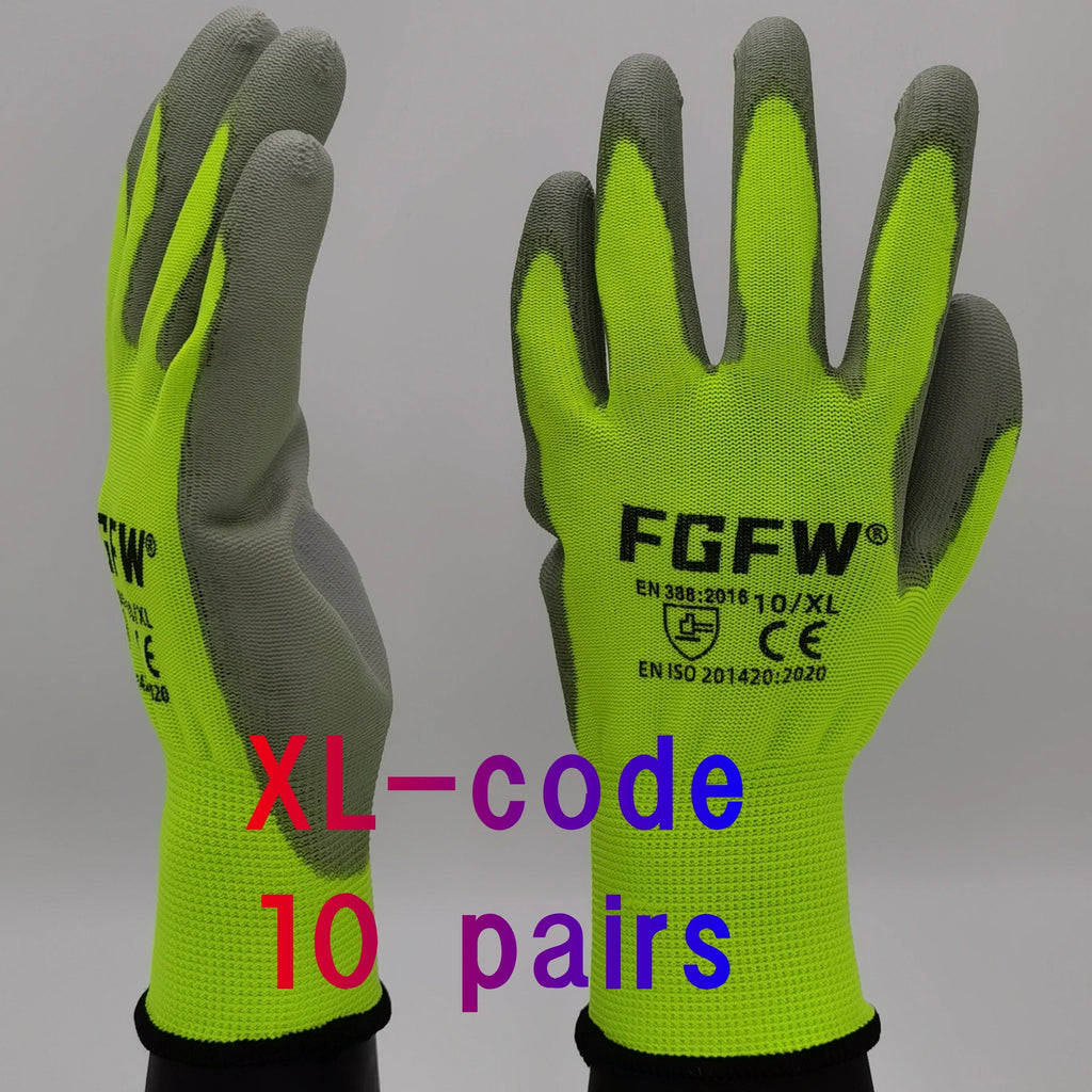 10 Pairs PU Coated Work Gloves - Lightweight, Durable Safety Gloves EN 388/ISO20471 Certified, Sizes S/M/L/XL Quick Pick Grocers