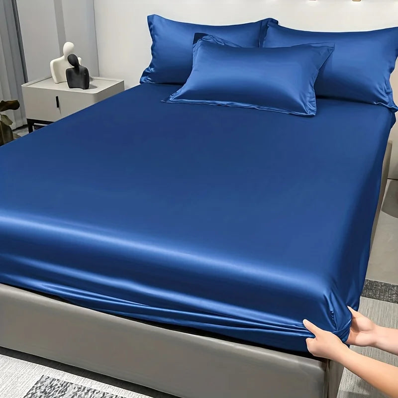 1 Simple Modern Satin Solid Color Fitted Sheet, Solid Color Ice Silk Bedspread For Bedroom, Bedding (Excluding Pillowcases) Quick Pick Grocers
