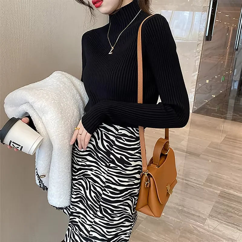 New Women's Elegant Solid Basic Knitted Tops Women Turtlneck Sweater Long Sleeve Casual Slim Pullover Fashion Simple Chic Tops Quick Pick Grocers